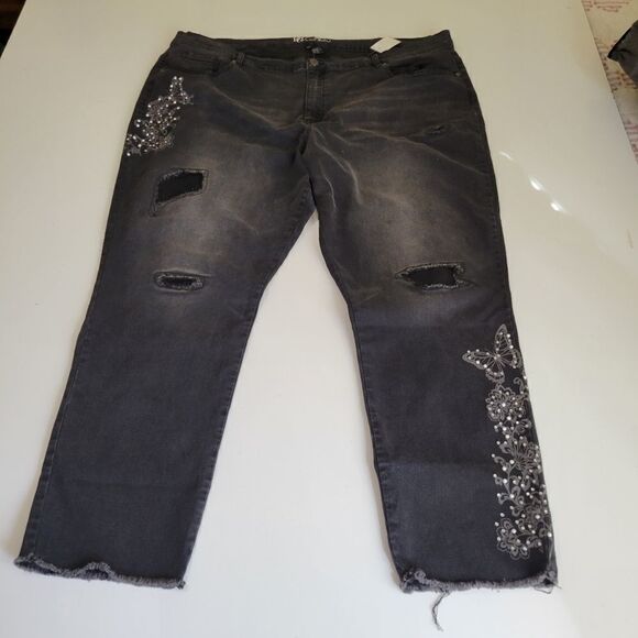 NEW 24 W boho butterfly rhinestone pearl distressed raw black stretch jeans NWT - Picture 11 of 16